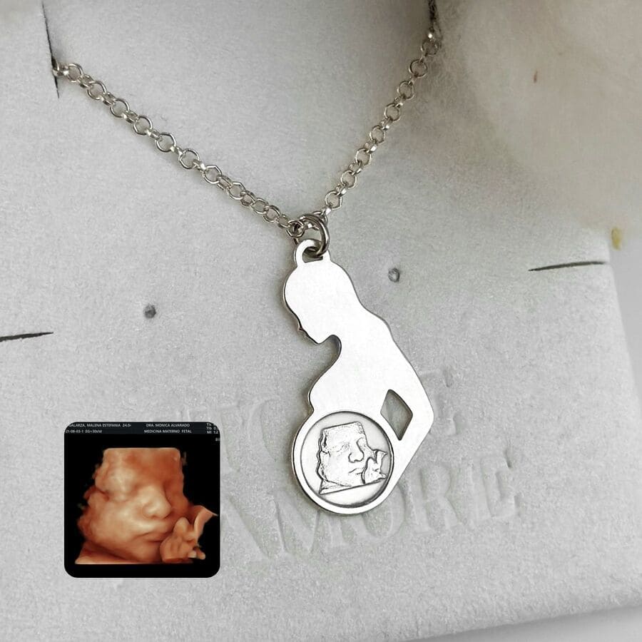 Anhänger in Form einer schwangeren Silhouette mit Baby-Ultraschallfoto, 925 Silber