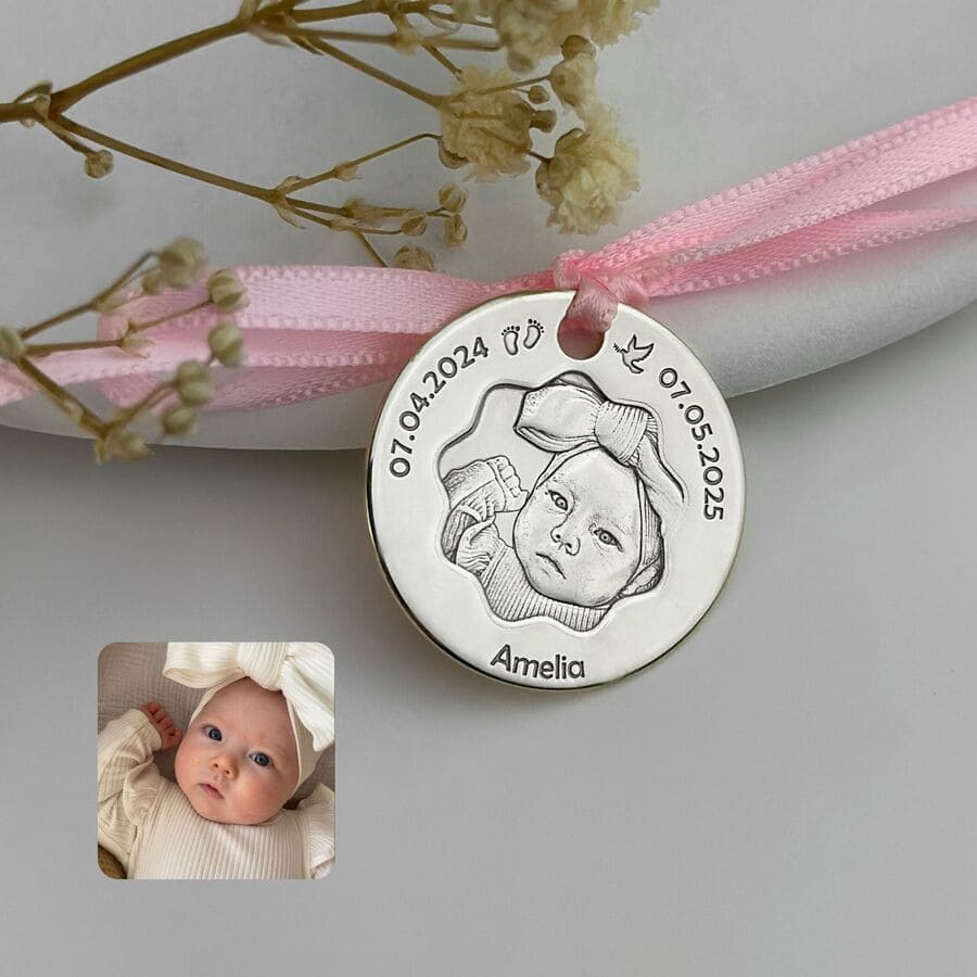 Baby-Münze mit Foto und Blütenausschnitt, 23,5 mm (925 Silber)