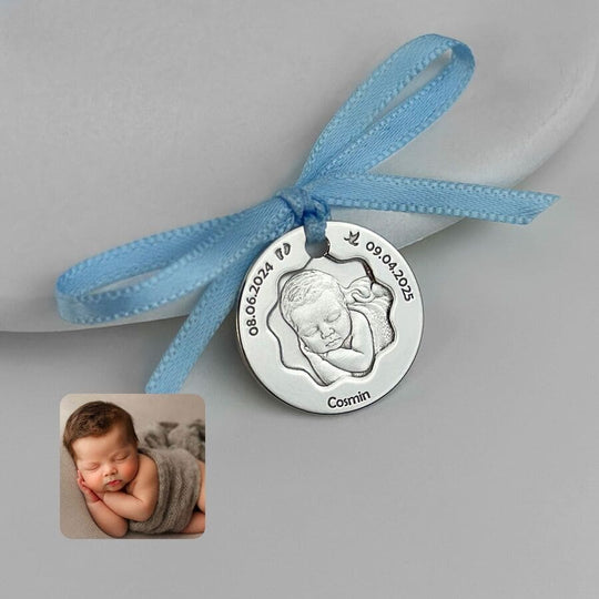 Baby-Münze mit Foto und Blütenausschnitt, 19 mm (925 Silber)