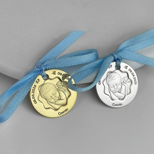 Baby-Münze mit Foto und Blütenausschnitt, 19 mm (925 Silber)