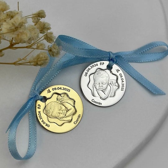 Baby-Münze mit Foto und Blütenausschnitt, 19 mm (925 Silber)