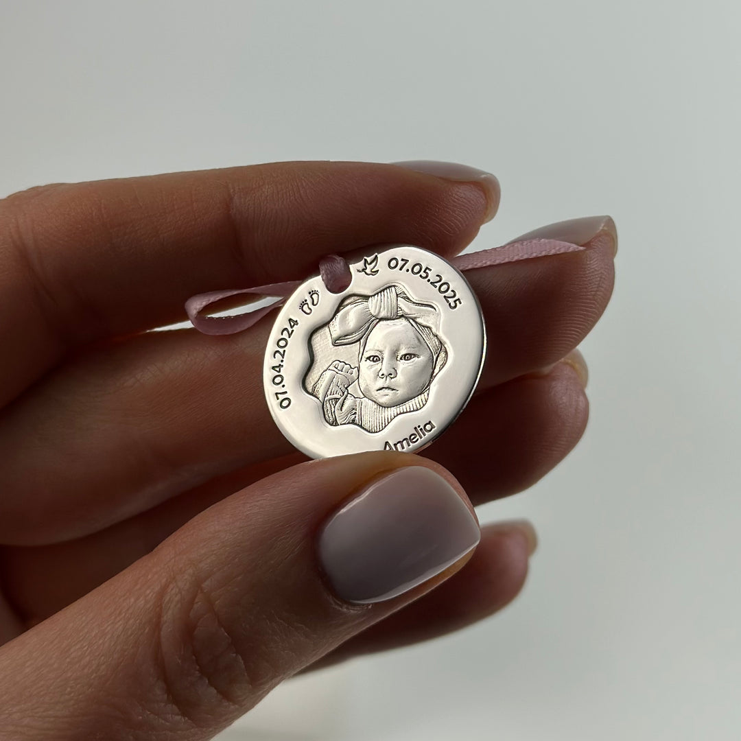 Baby-Münze mit Foto und Blütenausschnitt, 23,5 mm (925 Silber)