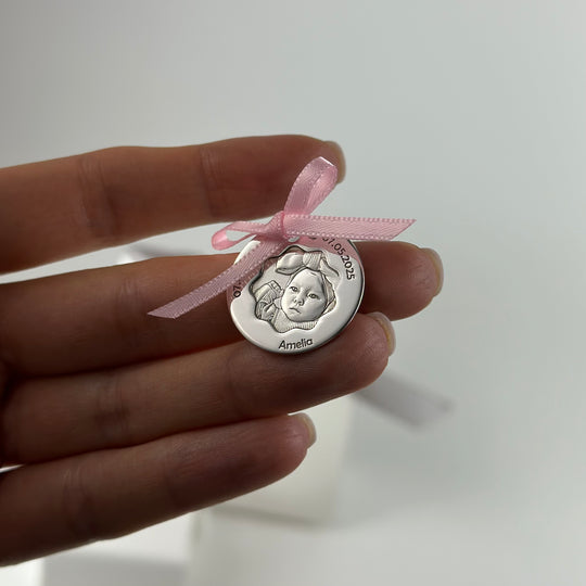 Baby-Münze mit Foto und Blütenausschnitt, 23,5 mm (925 Silber)