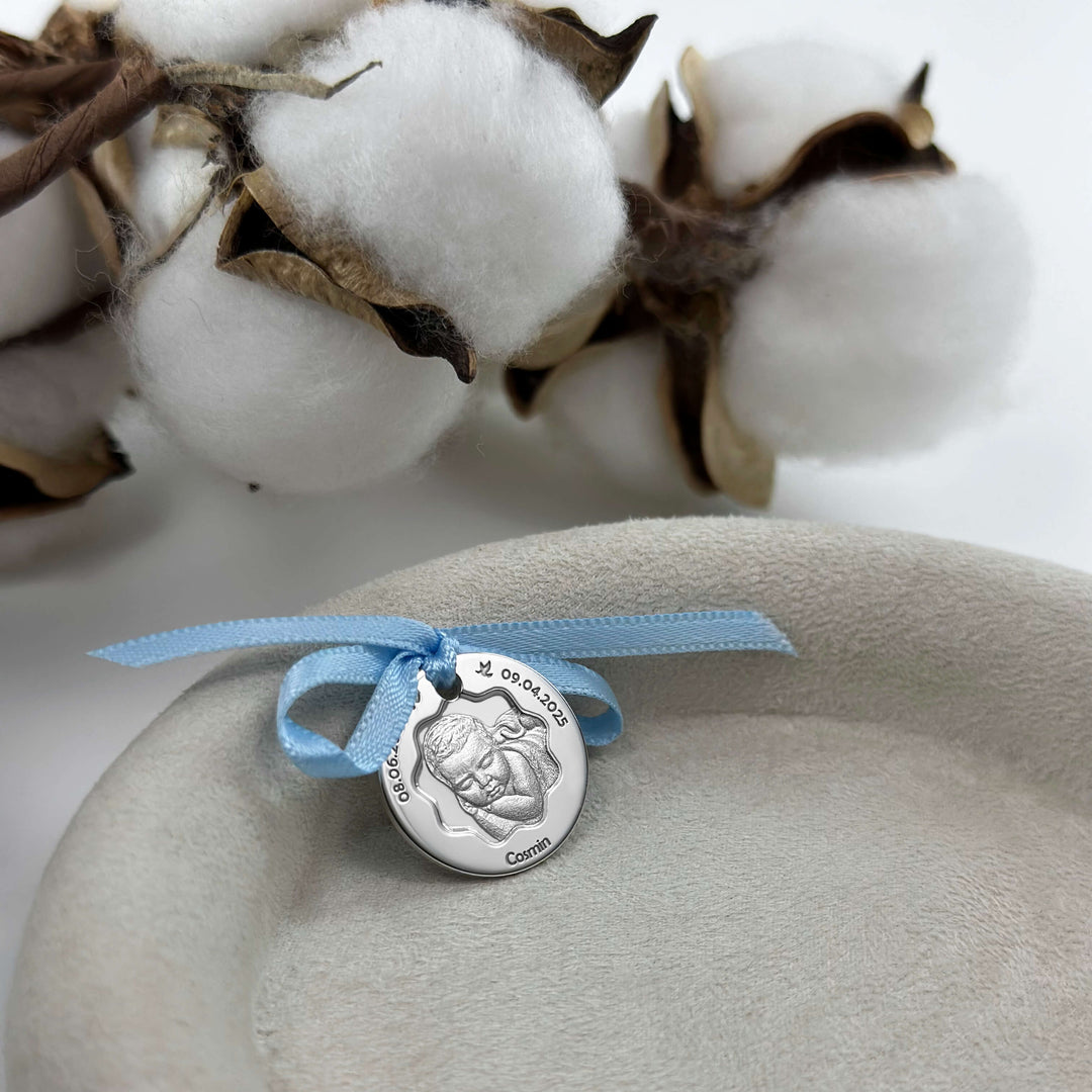 Baby-Münze mit Foto und Blütenausschnitt, 19 mm (925 Silber)