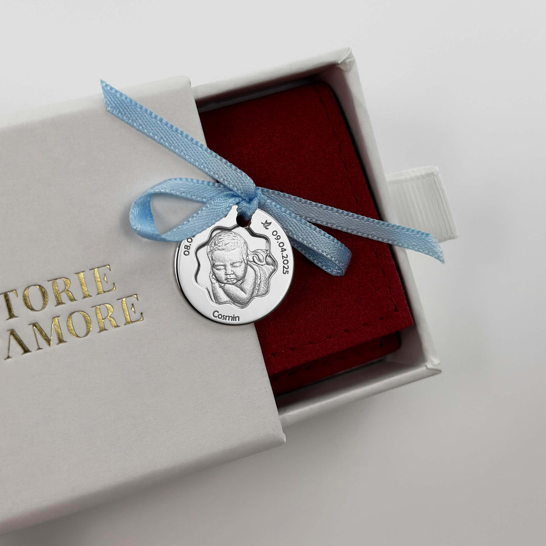 Baby-Münze mit Foto und Blütenausschnitt, 19 mm (925 Silber)