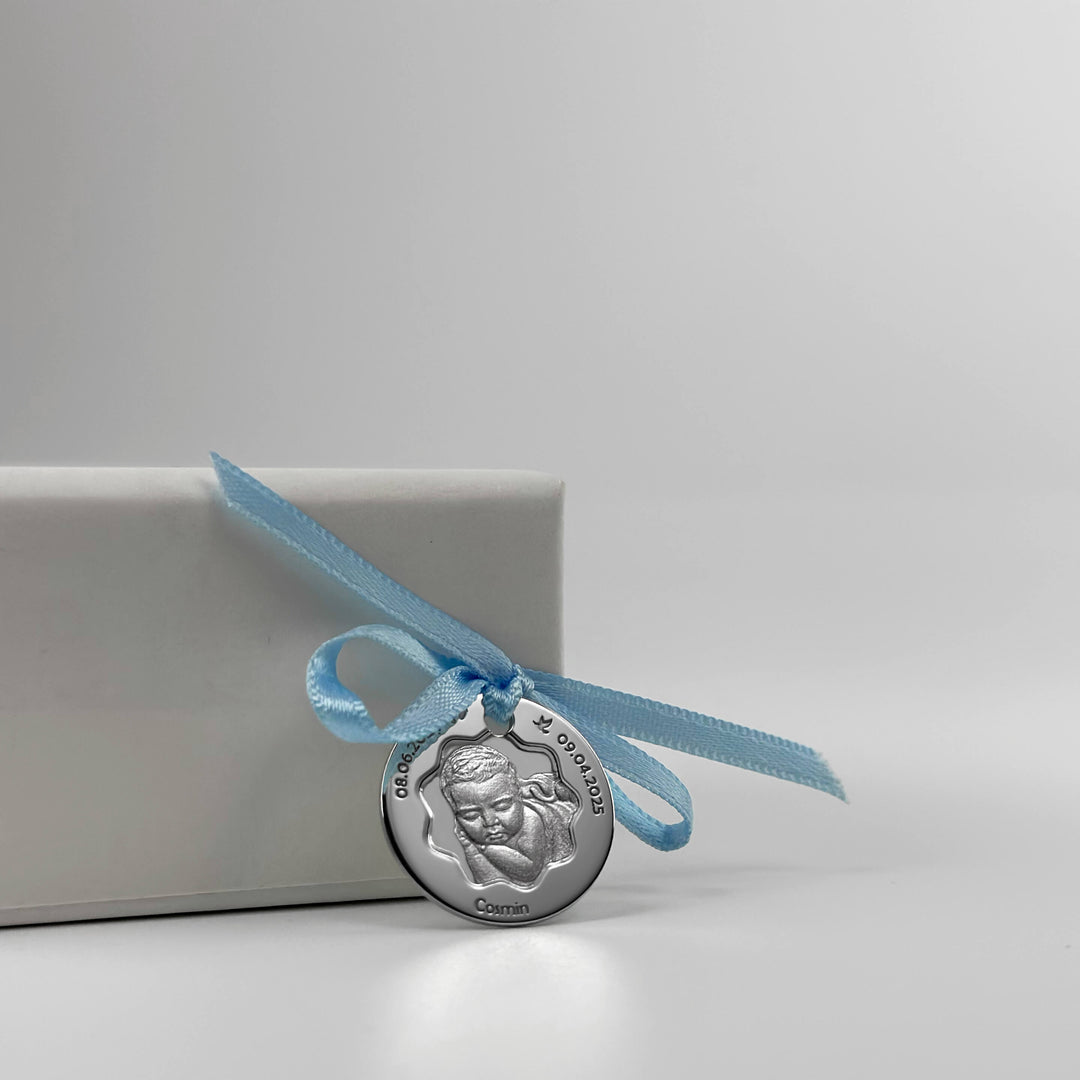 Baby-Münze mit Foto und Blütenausschnitt, 19 mm (925 Silber)