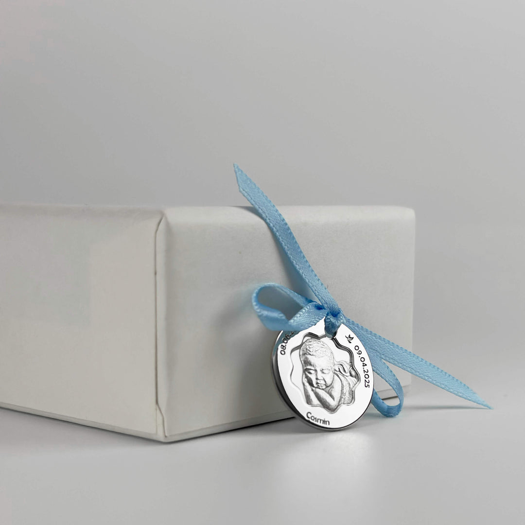 Baby-Münze mit Foto und Blütenausschnitt, 19 mm (925 Silber)