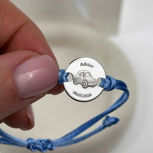 Armband mit rundem Charm und Auto-Gravur, 925 Silber