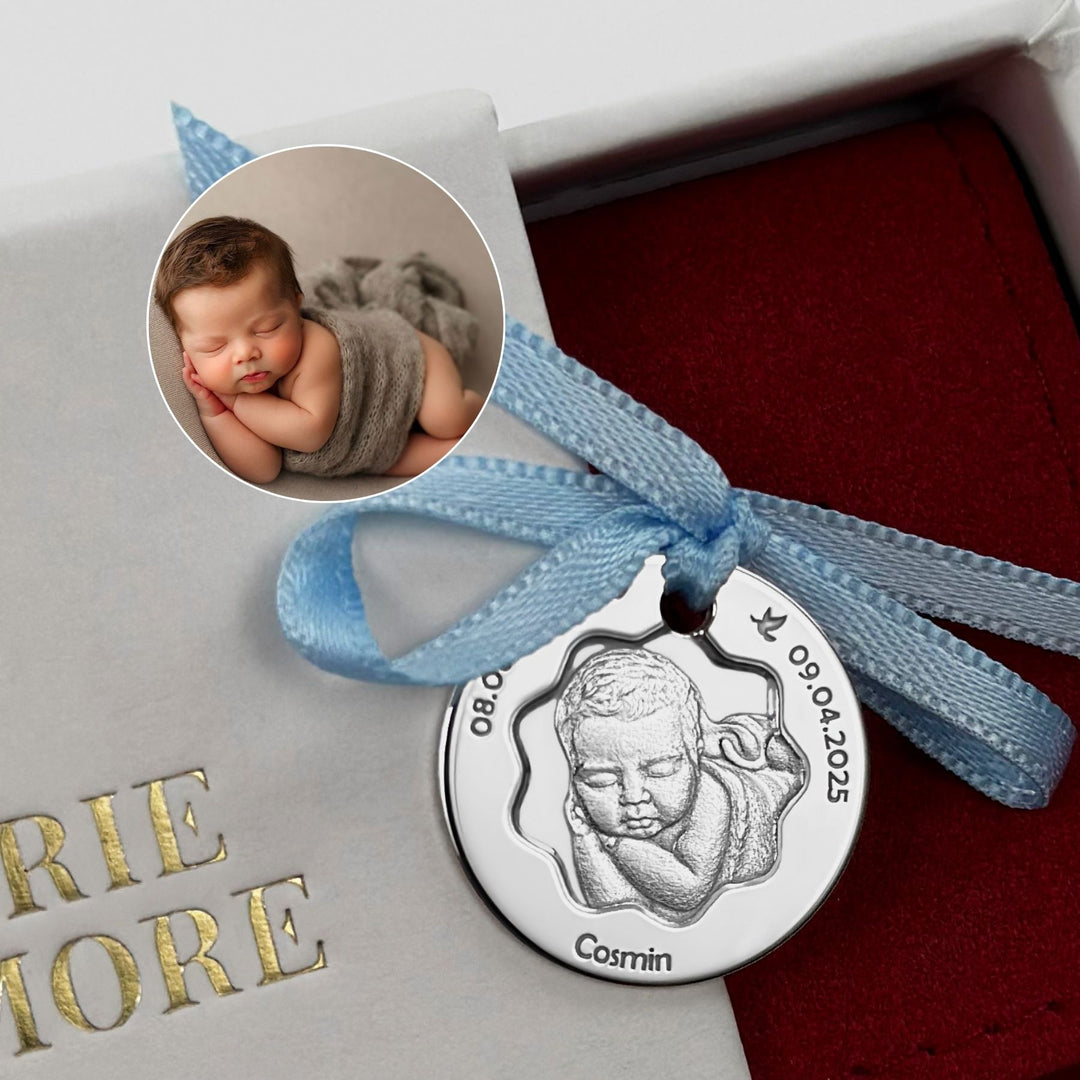 Baby-Münze mit Foto und Blütenausschnitt, 19 mm (925 Silber)