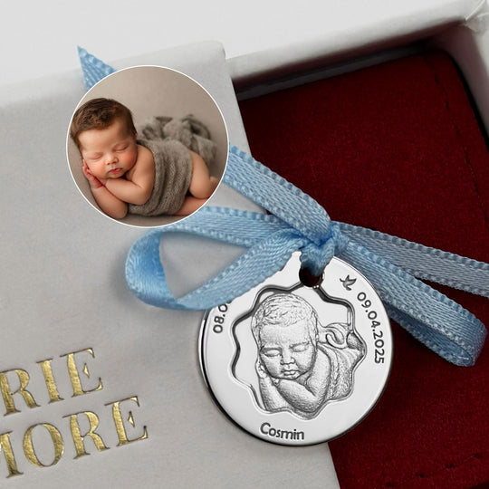 Baby-Münze mit Foto und Blütenausschnitt, 19 mm (925 Silber)