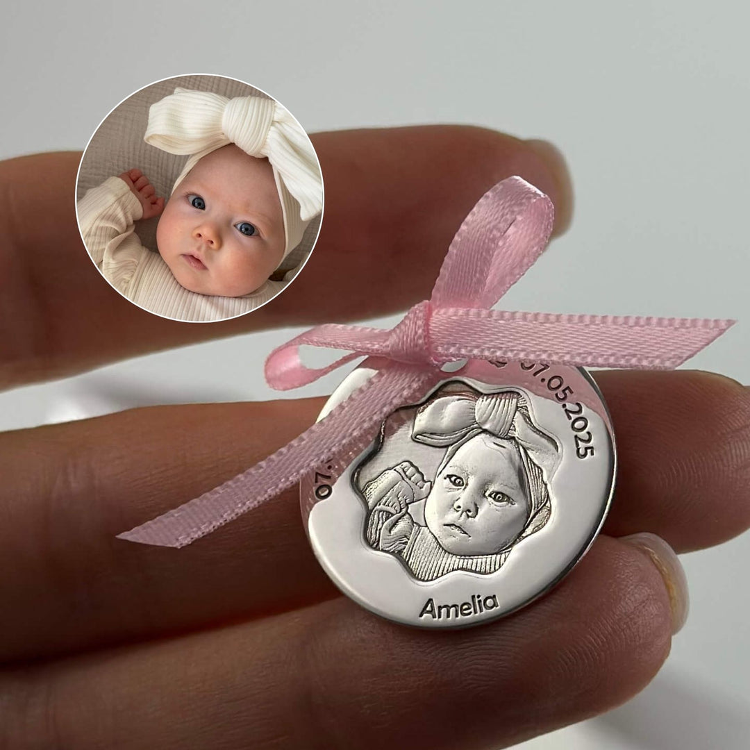 Baby-Münze mit Foto und Blütenausschnitt, 23,5 mm (925 Silber)