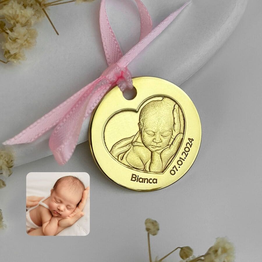 Baby-Münze mit Foto und Herzausschnitt, 23,5 mm (925 Silber)