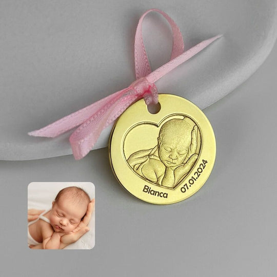 Baby-Münze mit Foto und Herzausschnitt, 23,5 mm (925 Silber)