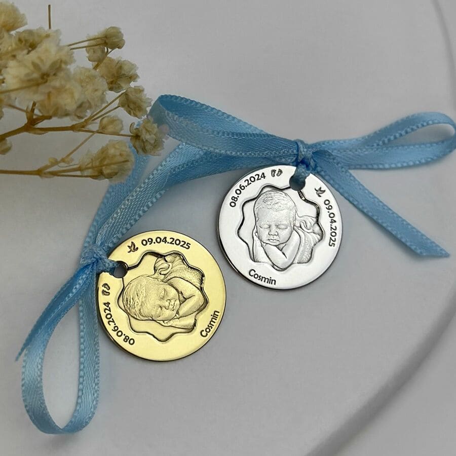 Baby-Münze mit Foto und Blütenausschnitt, 19 mm (925 Silber)