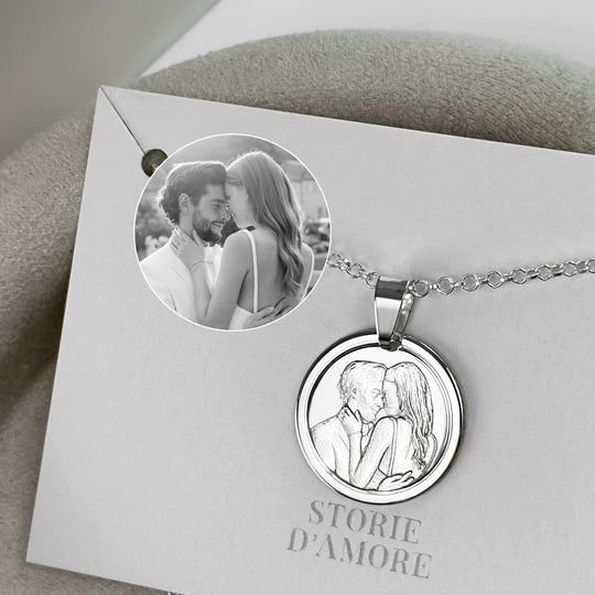 Pendentif rond en argent sterling 925 sur chaîne avec gravure photo de couple