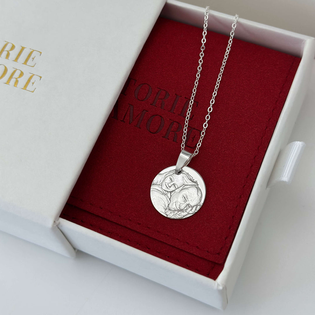 Pendentif rond en argent sterling 925 sur chaîne avec gravure photo des êtres chers