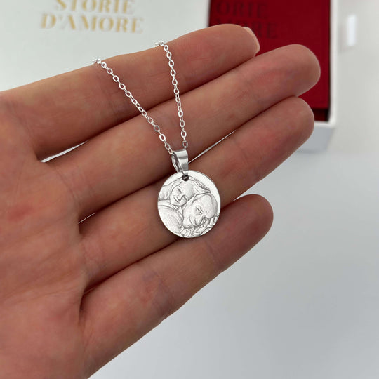 Pendentif rond en argent sterling 925 sur chaîne avec gravure photo des êtres chers