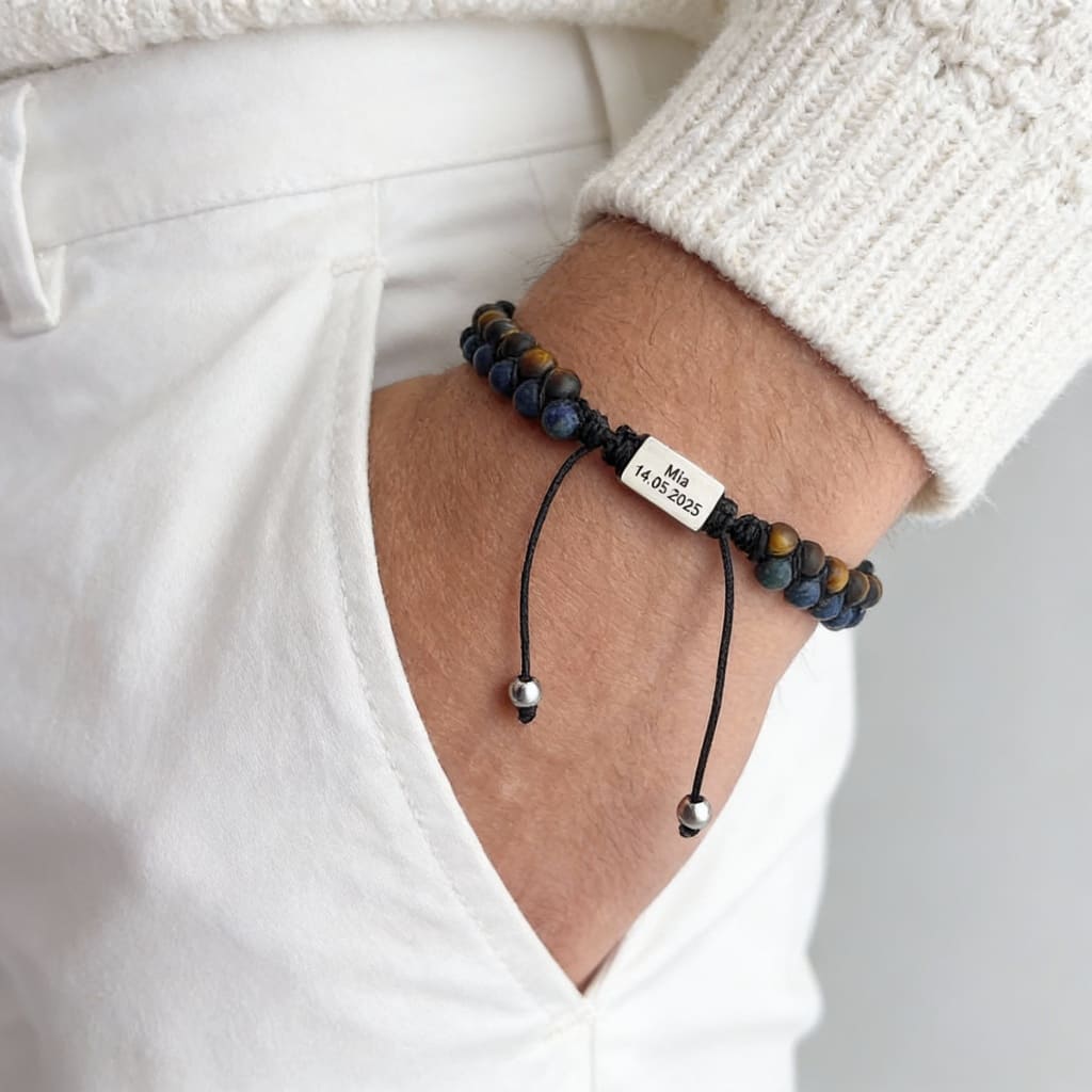 Brățară cu mărgele pentru bărbați, cu gravură